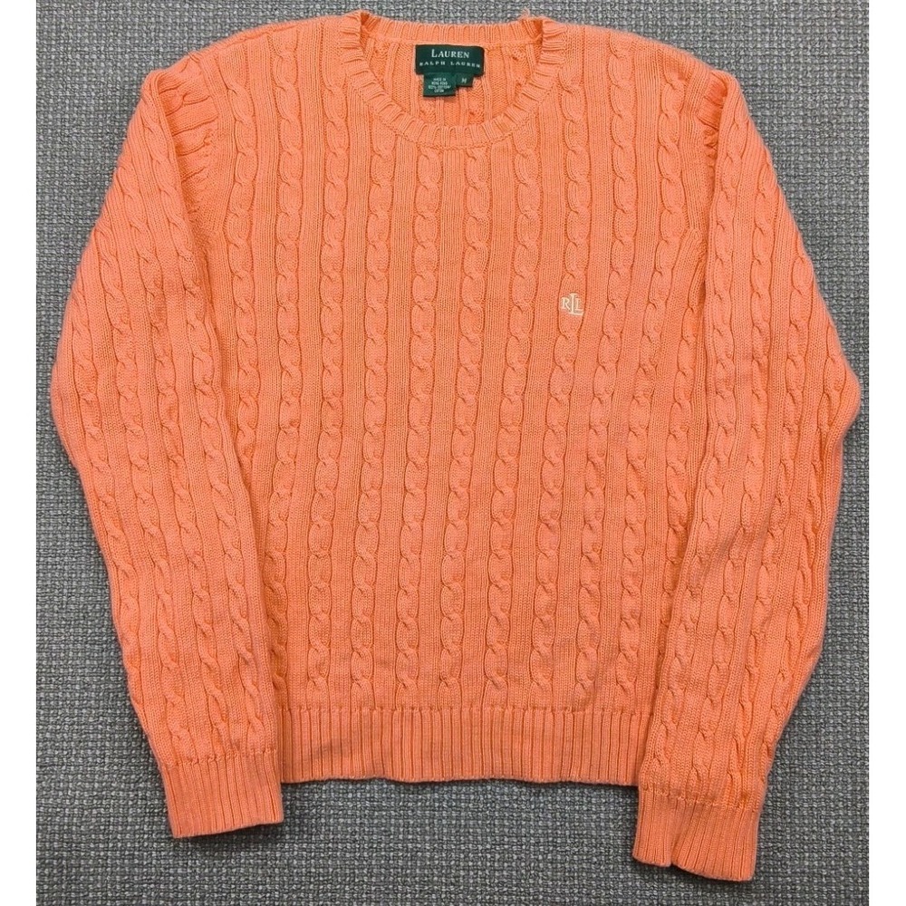 Lauren Ralph Lauren Coral Peach Cotton Cable Knit Crewneck Sweater Womens Sz M
